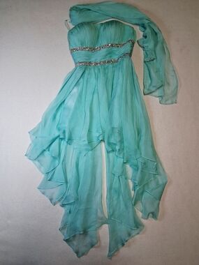 Dancing Queen Aqua Strapless Handkerchief Hem Chiffon Dress with Scarf